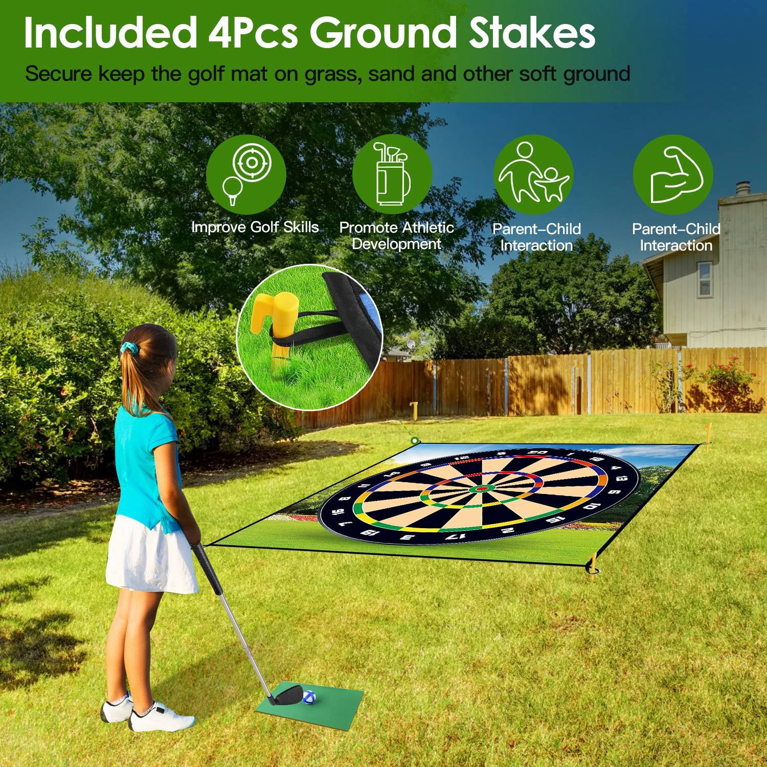 Golf Chipping Dart Game Mat Set with 20 Sticky Balls Ground Stakes Hanging Hooks Carrying Bag Indoor Outdoor Golf Hitting Training Game Mat for Kids Beginners