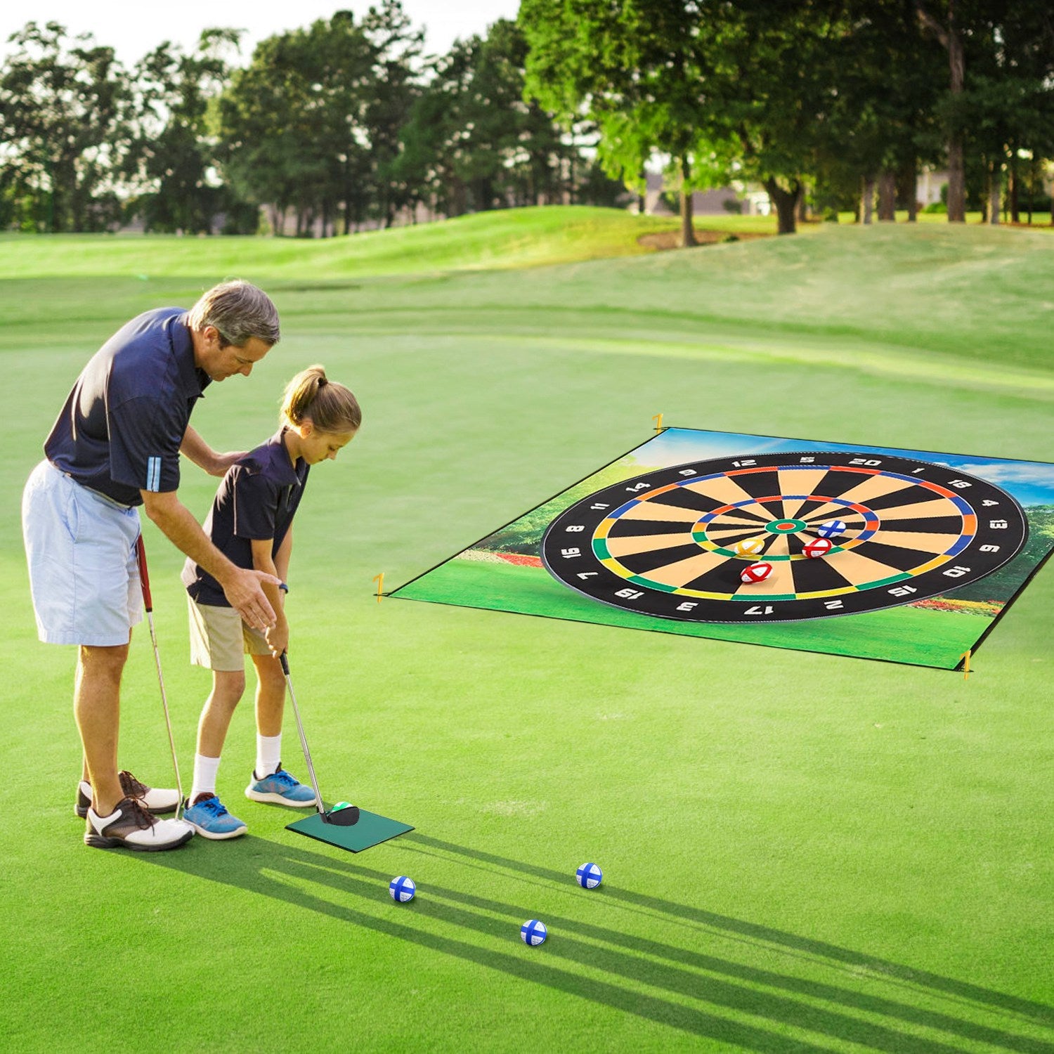 Golf Chipping Dart Game Mat Set with 20 Sticky Balls Ground Stakes Hanging Hooks Carrying Bag Indoor Outdoor Golf Hitting Training Game Mat for Kids Beginners