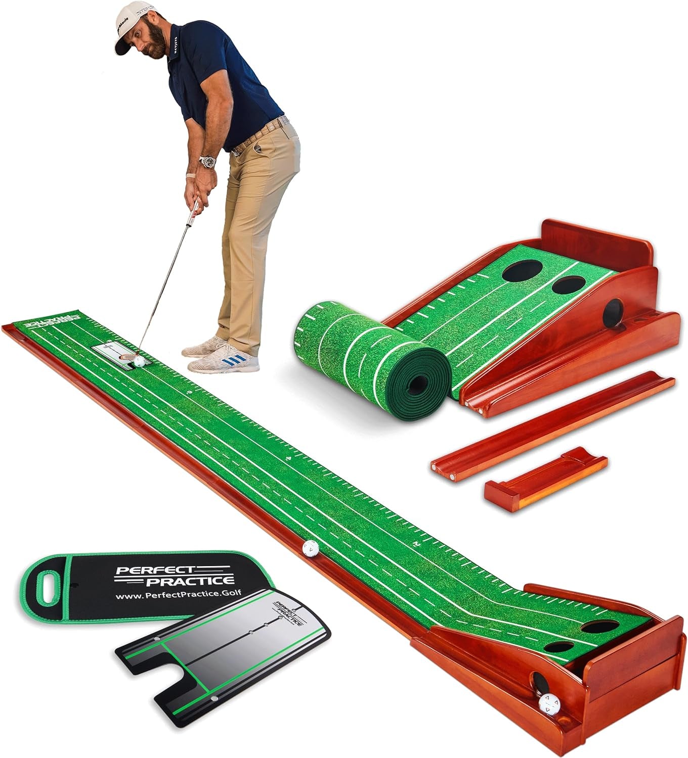 Putting Mat W/Alignment Mirror - Indoor Golf Putting Green W/ 2 Holes - Putting Matt for Indoors Practice - Golf Training Aid for Home - Golf Accessories and Gifts for Men