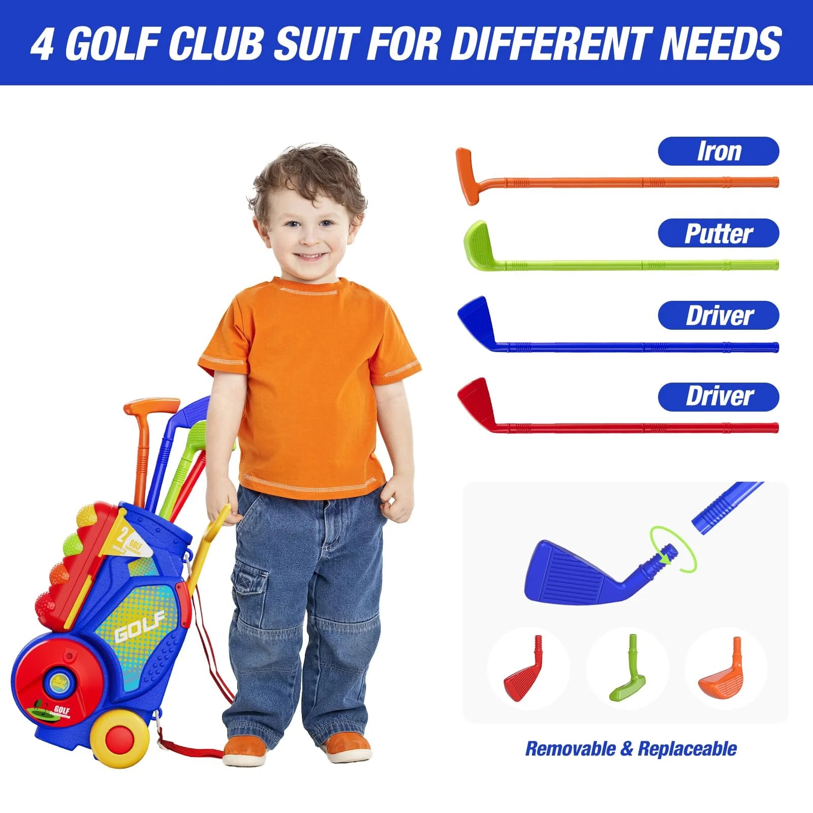 2 in 1 Toddler Golf Set Kids Golf Clubs Set with 8 Balls, Cornhole Board & Putting Mat Kids Golf Toys Set Golf Game Indoor Outdoor Sport Toys Gift for Boys Girls 3 4 5 6+ Years Old, Blue
