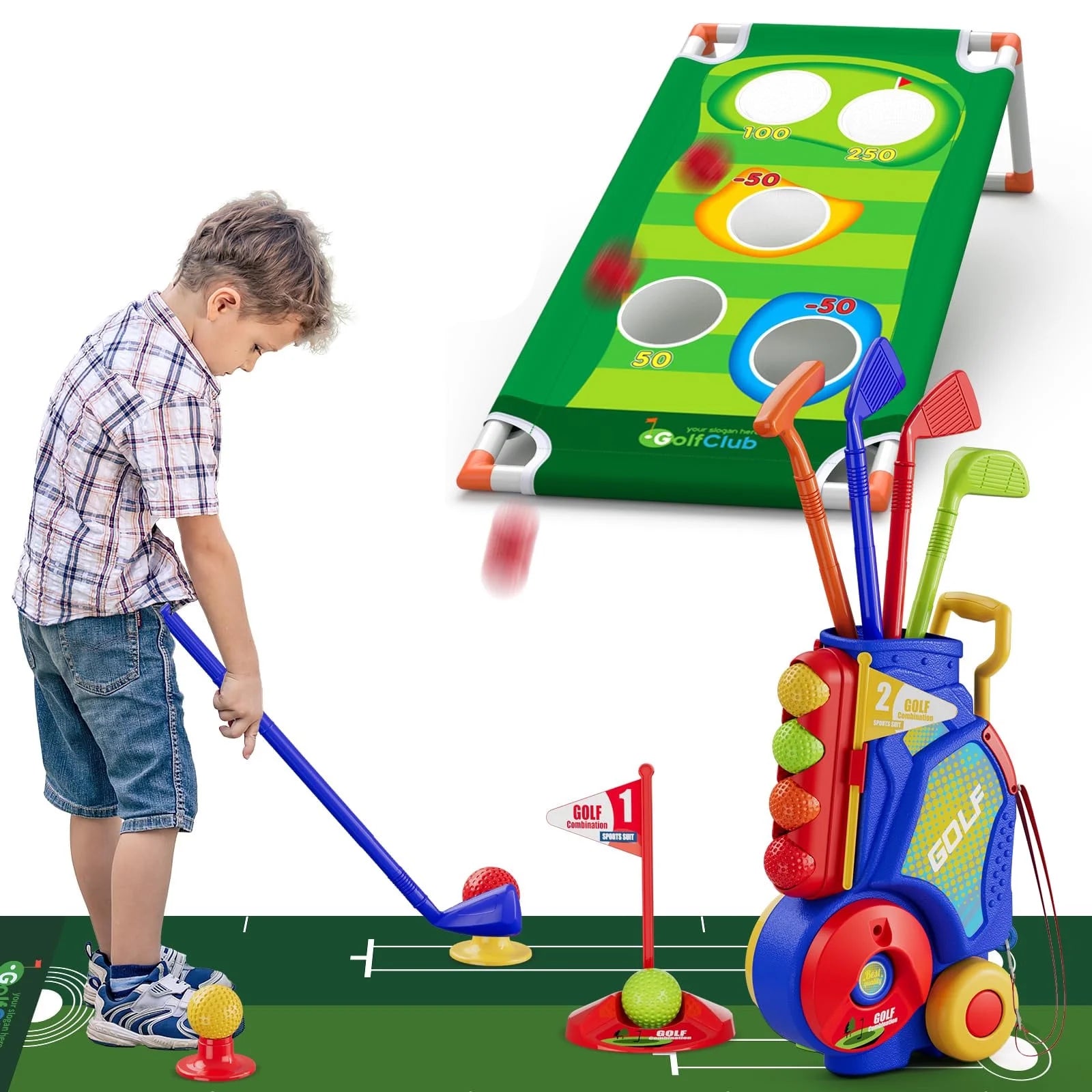 2 in 1 Toddler Golf Set Kids Golf Clubs Set with 8 Balls, Cornhole Board & Putting Mat Kids Golf Toys Set Golf Game Indoor Outdoor Sport Toys Gift for Boys Girls 3 4 5 6+ Years Old, Blue