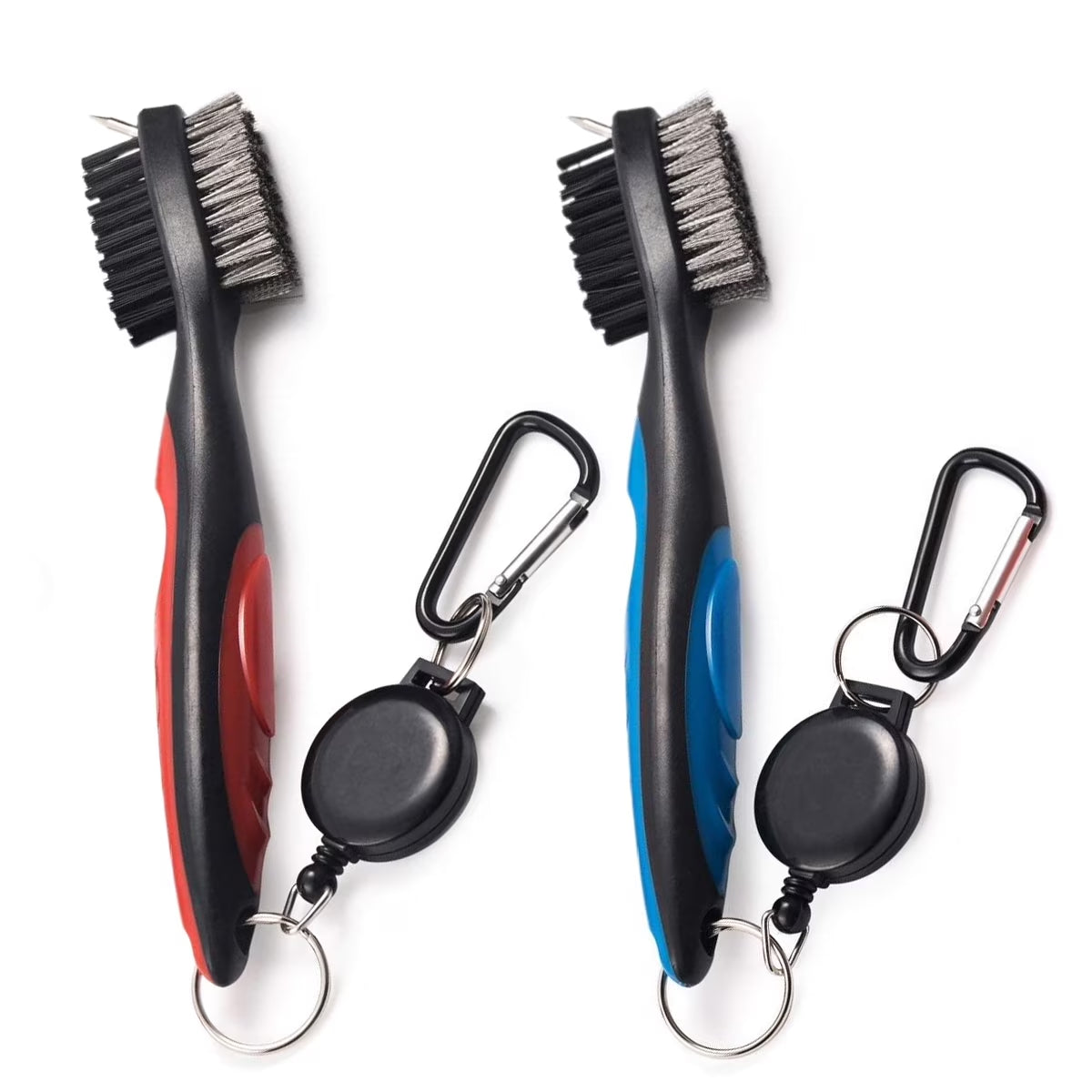 Golf Brush Cleaner Set - Wire and Nylon Bristle Brushes for Golfing Accessories, Clubs, Shoes, Irons, Woods, Groove - Spike with Rubber Cover, Retractable Zipline Cord, and Carabiner Clip