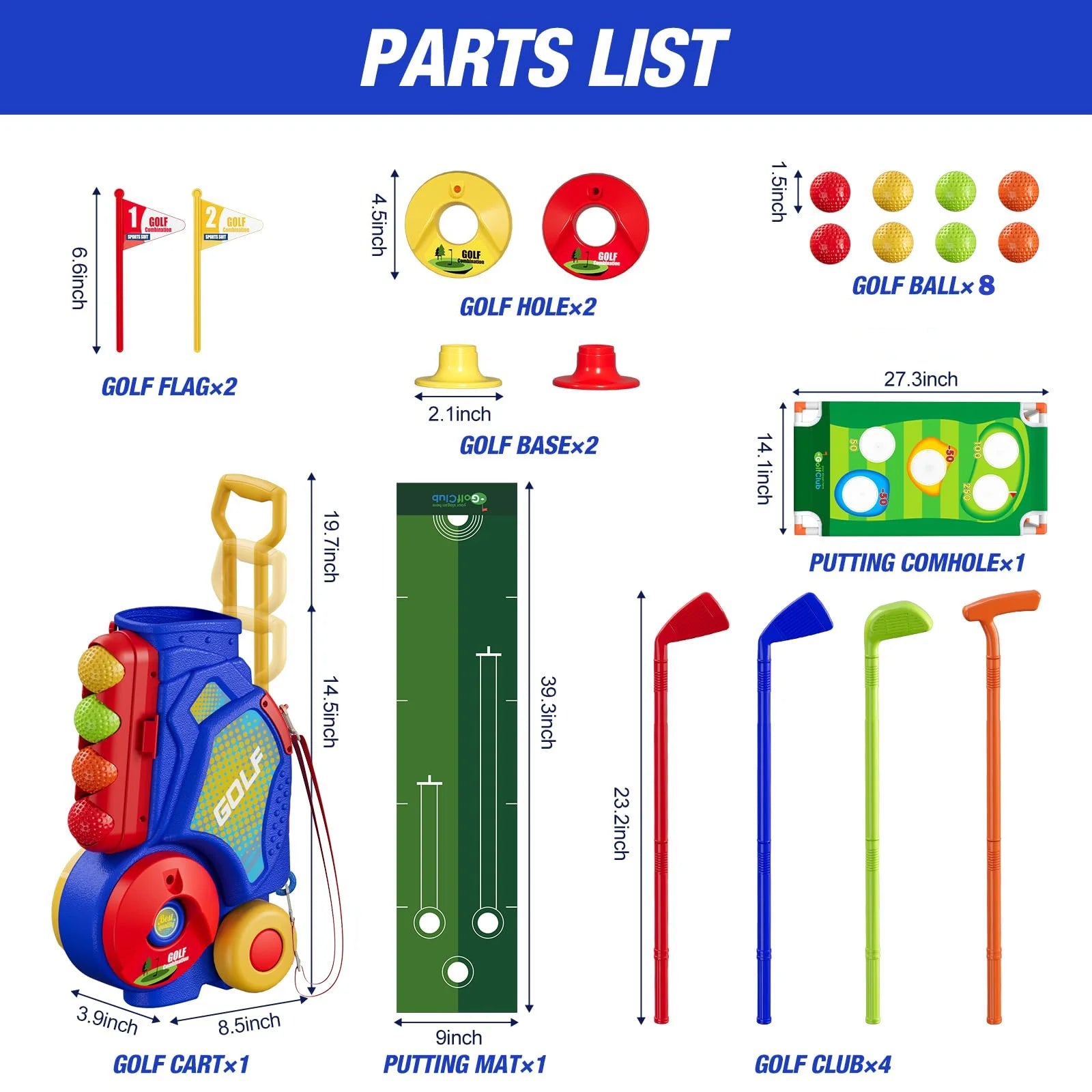 2 in 1 Toddler Golf Set Kids Golf Clubs Set with 8 Balls, Cornhole Board & Putting Mat Kids Golf Toys Set Golf Game Indoor Outdoor Sport Toys Gift for Boys Girls 3 4 5 6+ Years Old, Blue