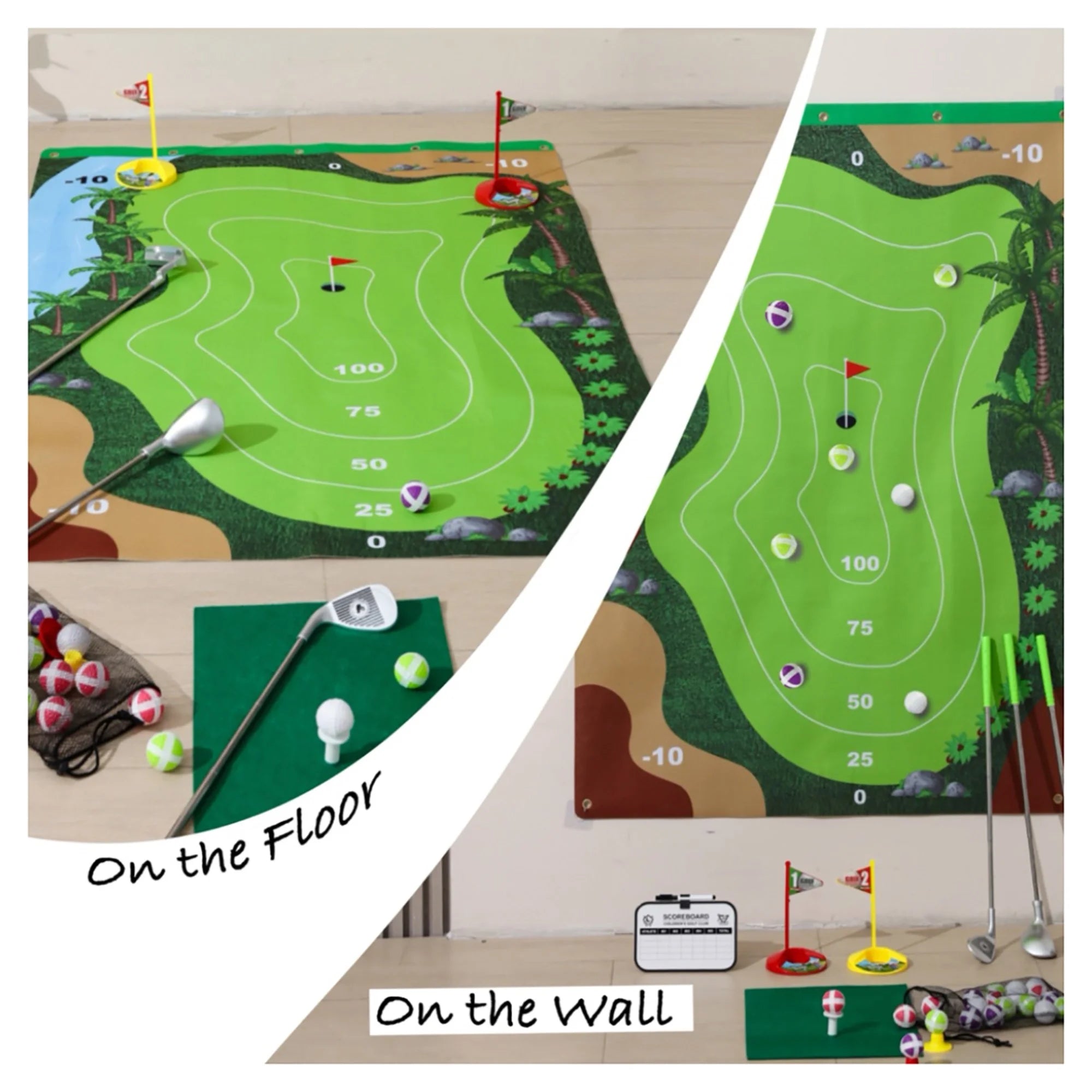 Golf Game Chipping Mat and Accessories, Training and Practice Golf Travel Set for Kids and Adults, Indoor and Outdoor Hitting Mat and Golf Clubs with Sticky Balls for Kids 3+