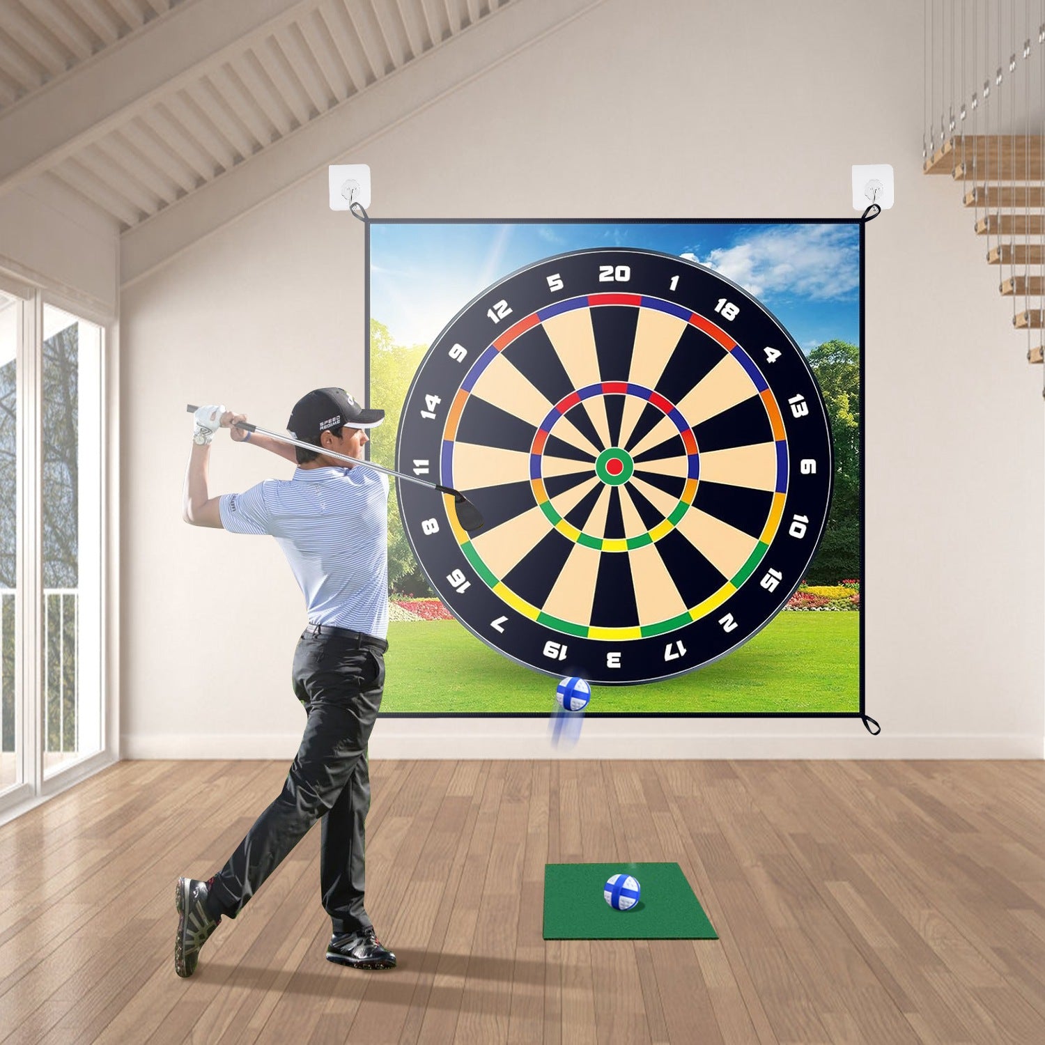 Golf Chipping Dart Game Mat Set with 20 Sticky Balls Ground Stakes Hanging Hooks Carrying Bag Indoor Outdoor Golf Hitting Training Game Mat for Kids Beginners