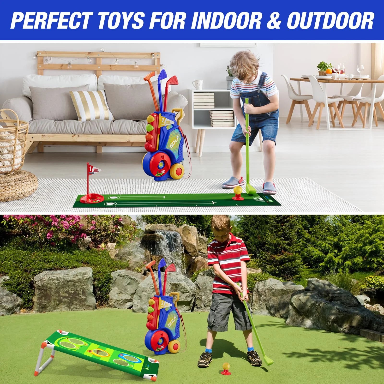 2 in 1 Toddler Golf Set Kids Golf Clubs Set with 8 Balls, Cornhole Board & Putting Mat Kids Golf Toys Set Golf Game Indoor Outdoor Sport Toys Gift for Boys Girls 3 4 5 6+ Years Old, Blue
