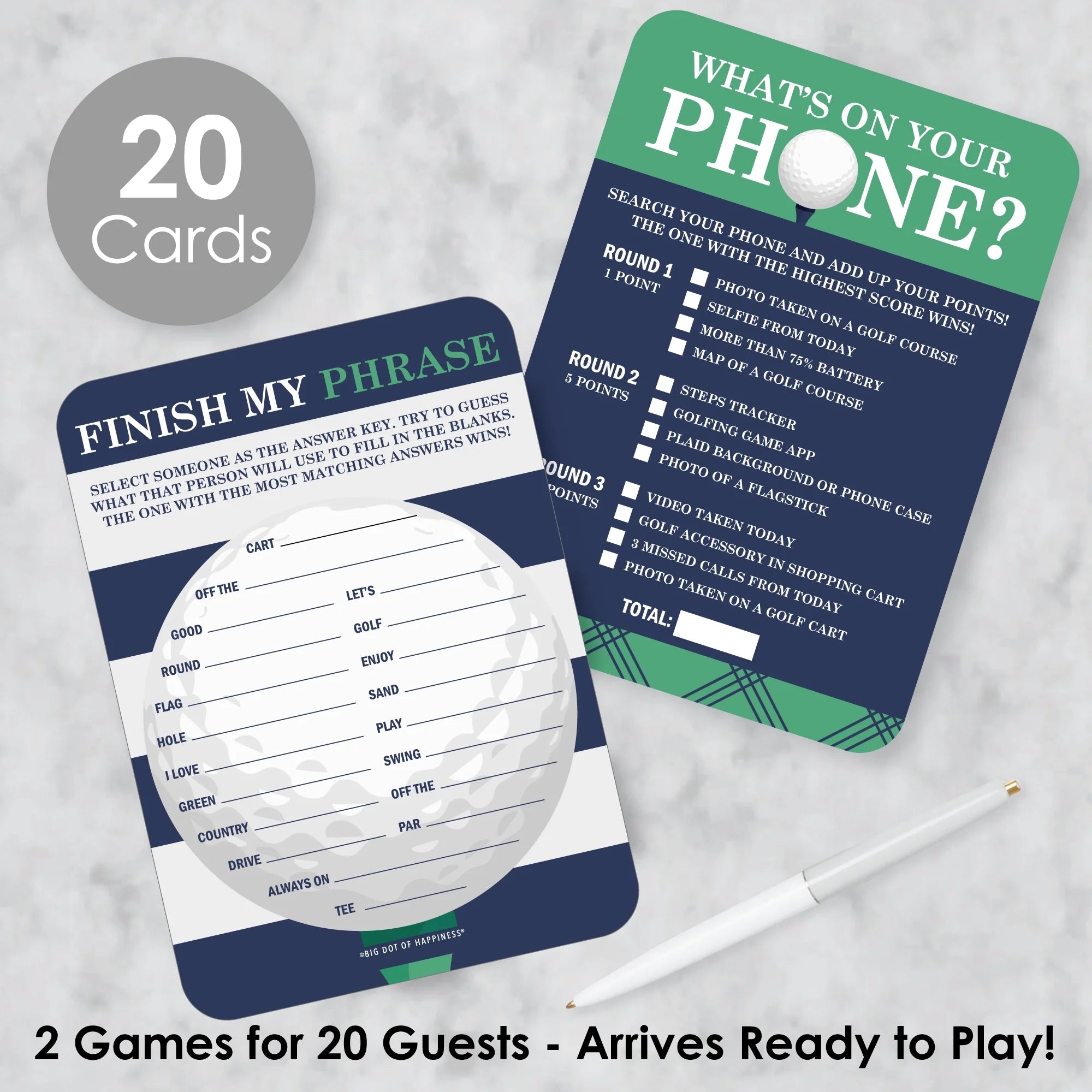 Par-Tee Time - Golf - 2-In-1 Birthday or Retirement Party Cards - Activity Duo Games - Set of 20
