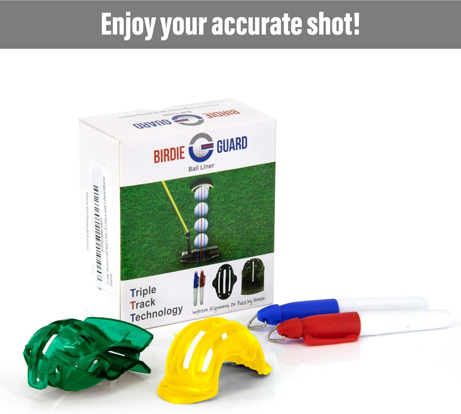 BIRDIE GUARD Golf Ball Liner -Golf Ball Liner-3 Line Golf Ball Marker- Triple Track Technology - Improving Alignment on Putting Green, Golf Ball Liner Alignment Tool, 2 Ball Liners and 2 Pens-A Good Gift for the Price