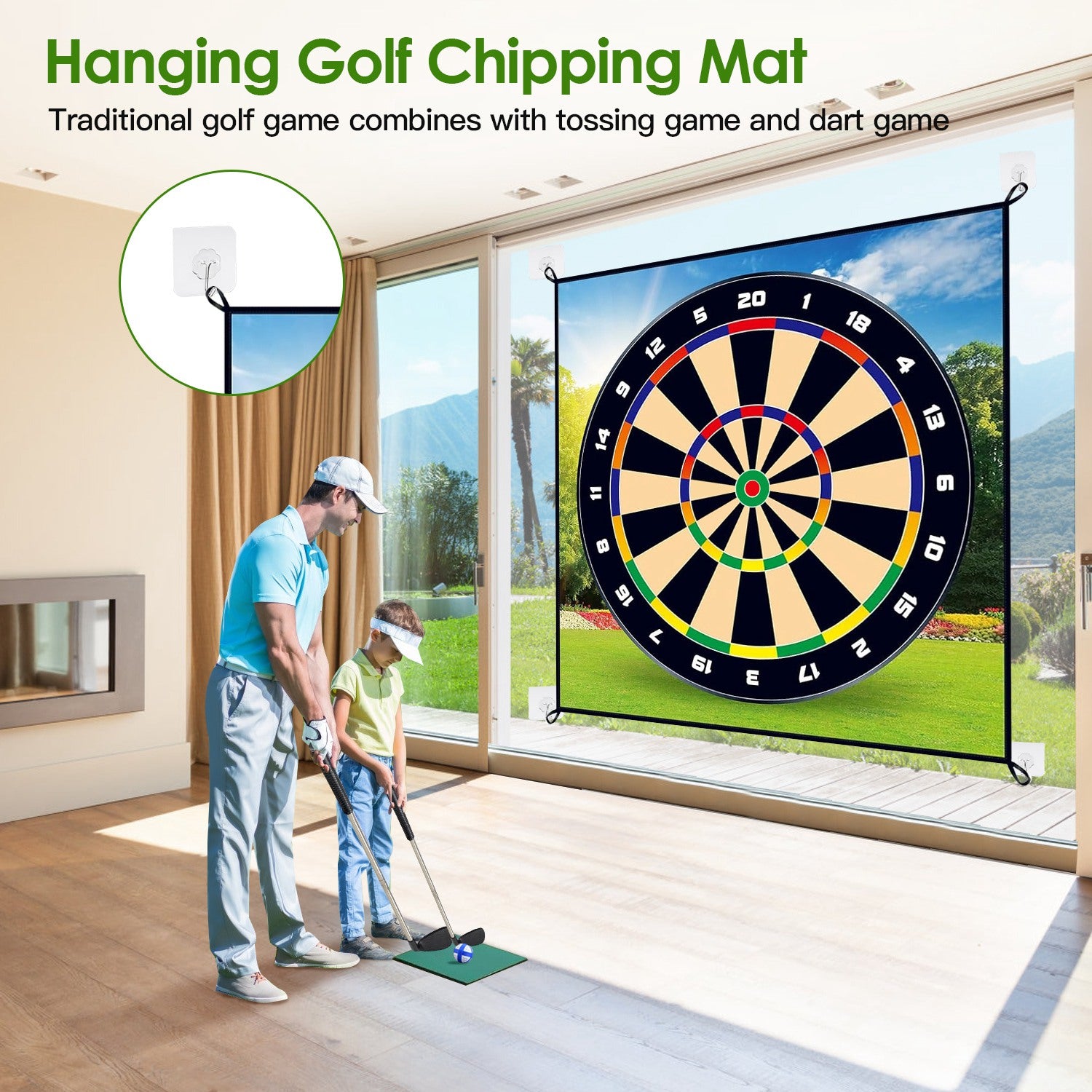 Golf Chipping Dart Game Mat Set with 20 Sticky Balls Ground Stakes Hanging Hooks Carrying Bag Indoor Outdoor Golf Hitting Training Game Mat for Kids Beginners