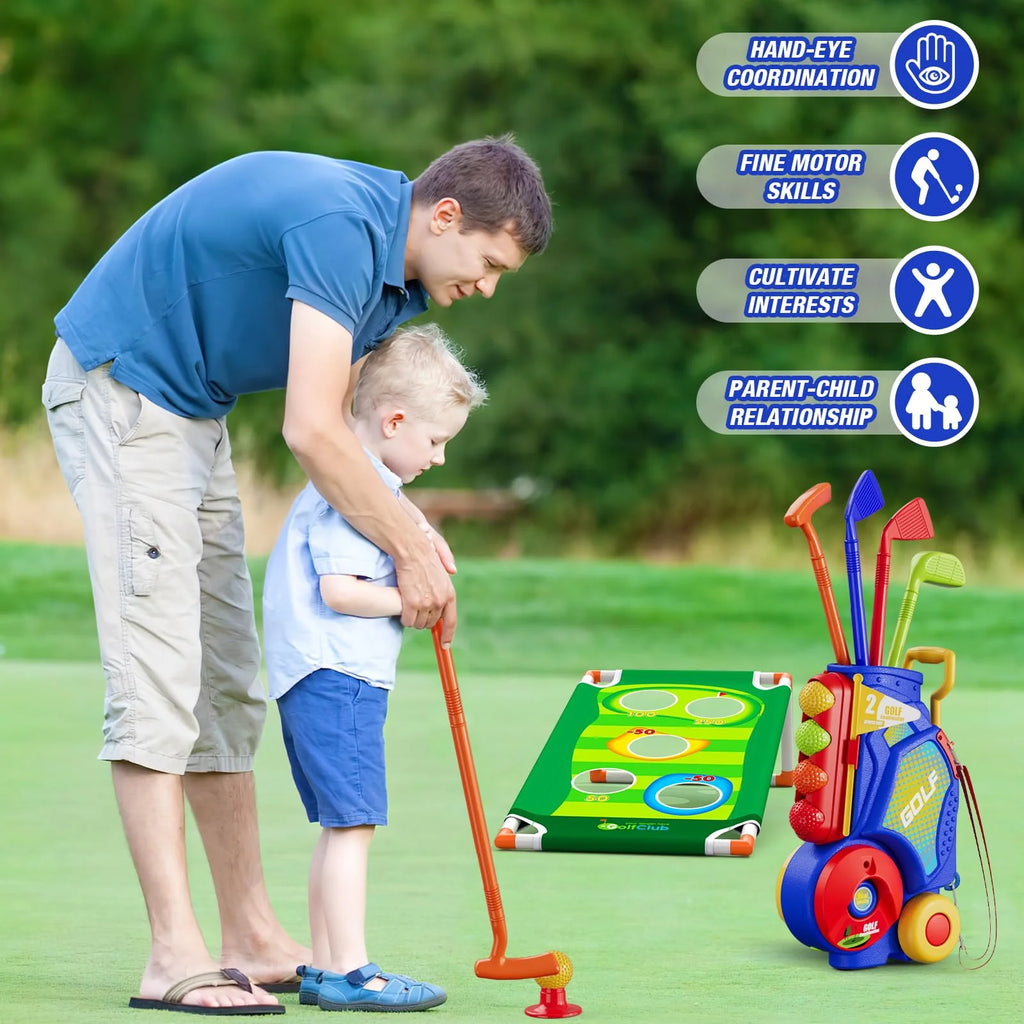 2 in 1 Toddler Golf Set Kids Golf Clubs Set with 8 Balls, Cornhole Board & Putting Mat Kids Golf Toys Set Golf Game Indoor Outdoor Sport Toys Gift for Boys Girls 3 4 5 6+ Years Old, Blue
