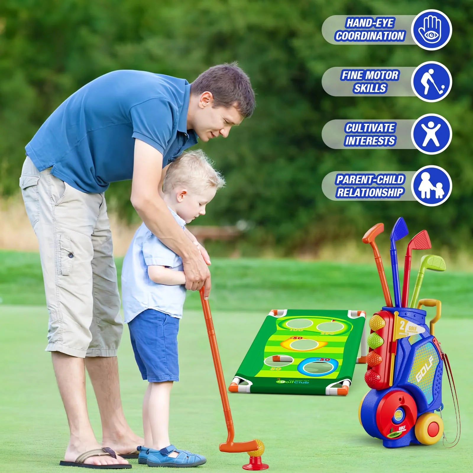 2 in 1 Toddler Golf Set Kids Golf Clubs Set with 8 Balls, Cornhole Board & Putting Mat Kids Golf Toys Set Golf Game Indoor Outdoor Sport Toys Gift for Boys Girls 3 4 5 6+ Years Old, Blue