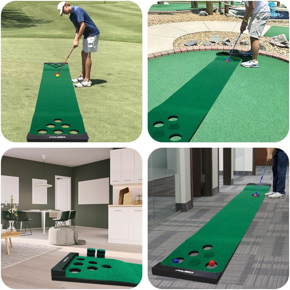 Golf Pong Mat Game Set Green Mat,Golf Putting Mat with 2 Adjustable Golf Putters, 6 Golf Balls,12 Golf Hole Covers for Indoor&Outdoor Short Game Office Party Backyard Use