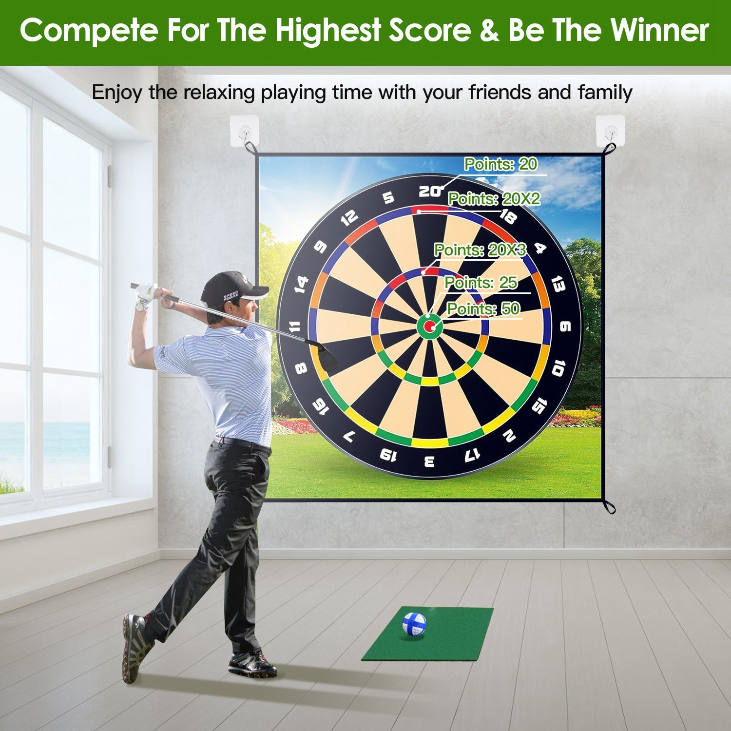 Golf Chipping Dart Game Mat Set with 20 Sticky Balls Ground Stakes Hanging Hooks Carrying Bag Indoor Outdoor Golf Hitting Training Game Mat for Kids Beginners