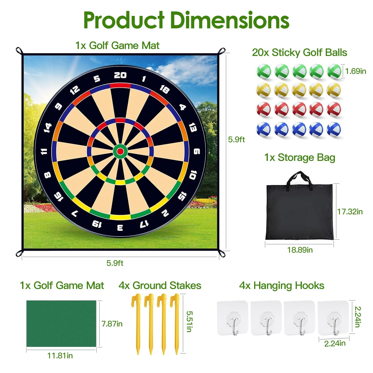 Golf Chipping Dart Game Mat Set with 20 Sticky Balls Ground Stakes Hanging Hooks Carrying Bag Indoor Outdoor Golf Hitting Training Game Mat for Kids Beginners