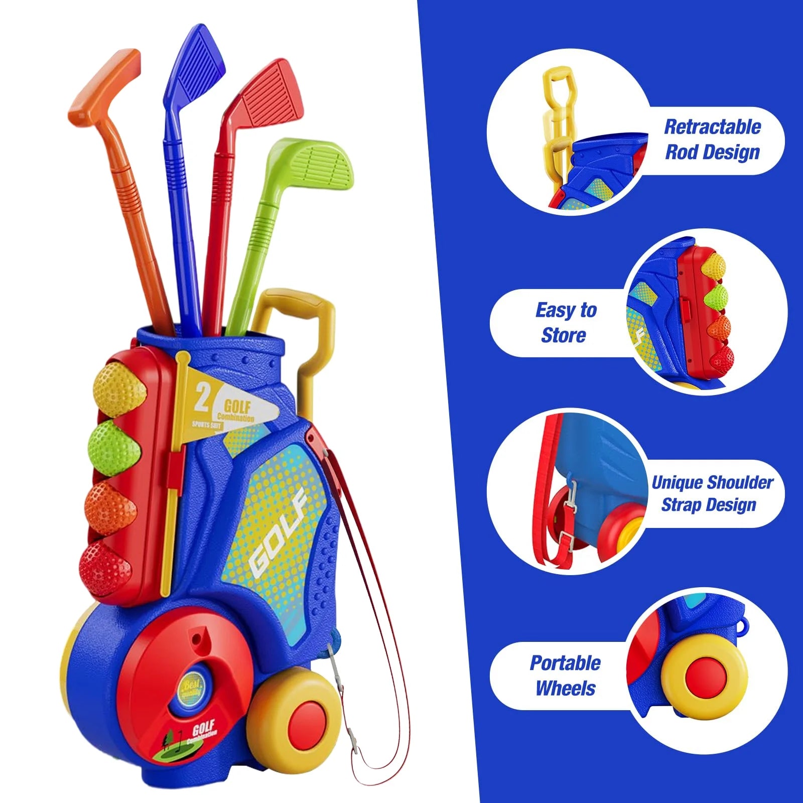 2 in 1 Toddler Golf Set Kids Golf Clubs Set with 8 Balls, Cornhole Board & Putting Mat Kids Golf Toys Set Golf Game Indoor Outdoor Sport Toys Gift for Boys Girls 3 4 5 6+ Years Old, Blue