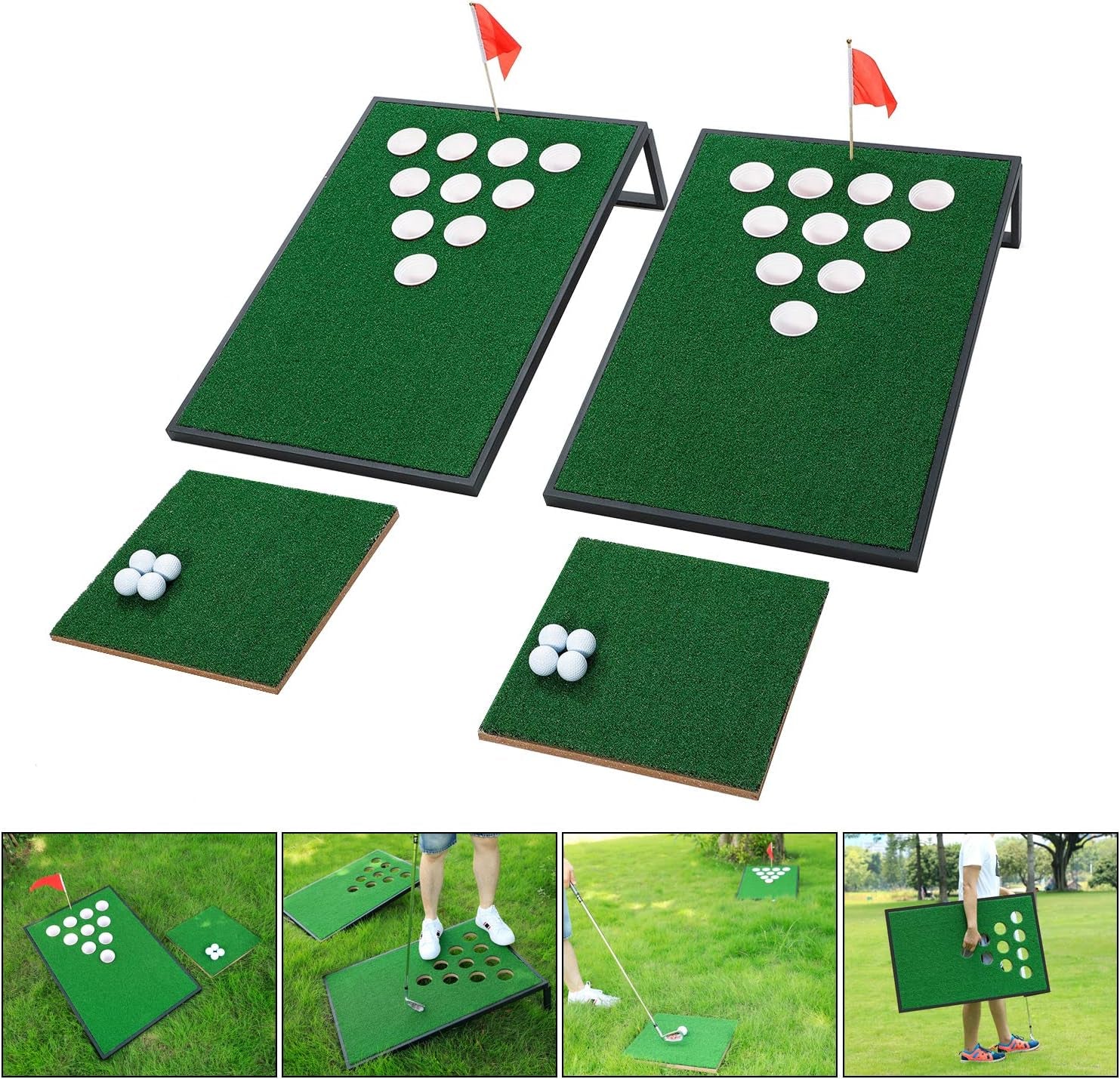 Golf Cornhole Game Set Combined Pong Game, Chipping Yard Game Boards with Chipping Mats & Golf Balls for Tailgate, Ideal Gift for Family, Golfer and Friends