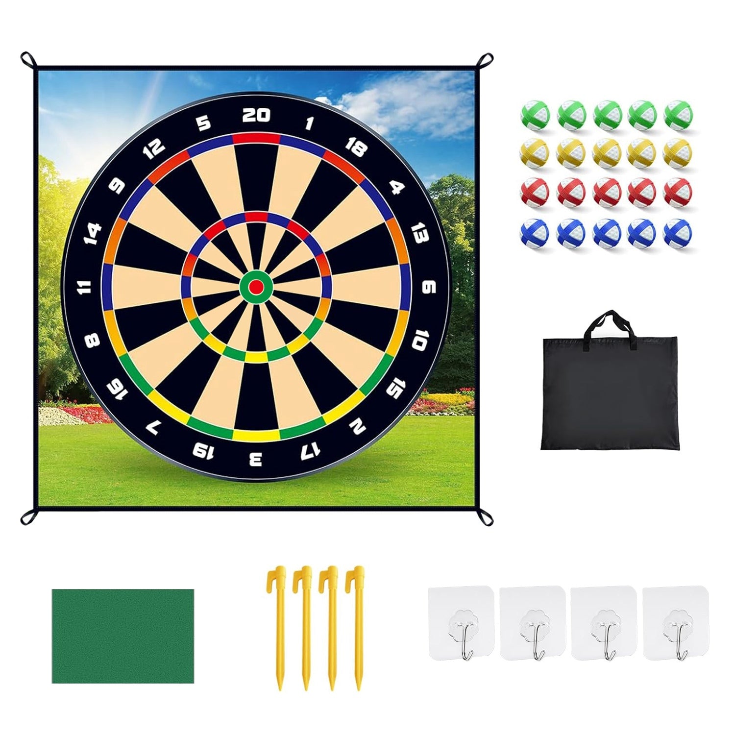 Golf Chipping Dart Game Mat Set with 20 Sticky Balls Ground Stakes Hanging Hooks Carrying Bag Indoor Outdoor Golf Hitting Training Game Mat for Kids Beginners