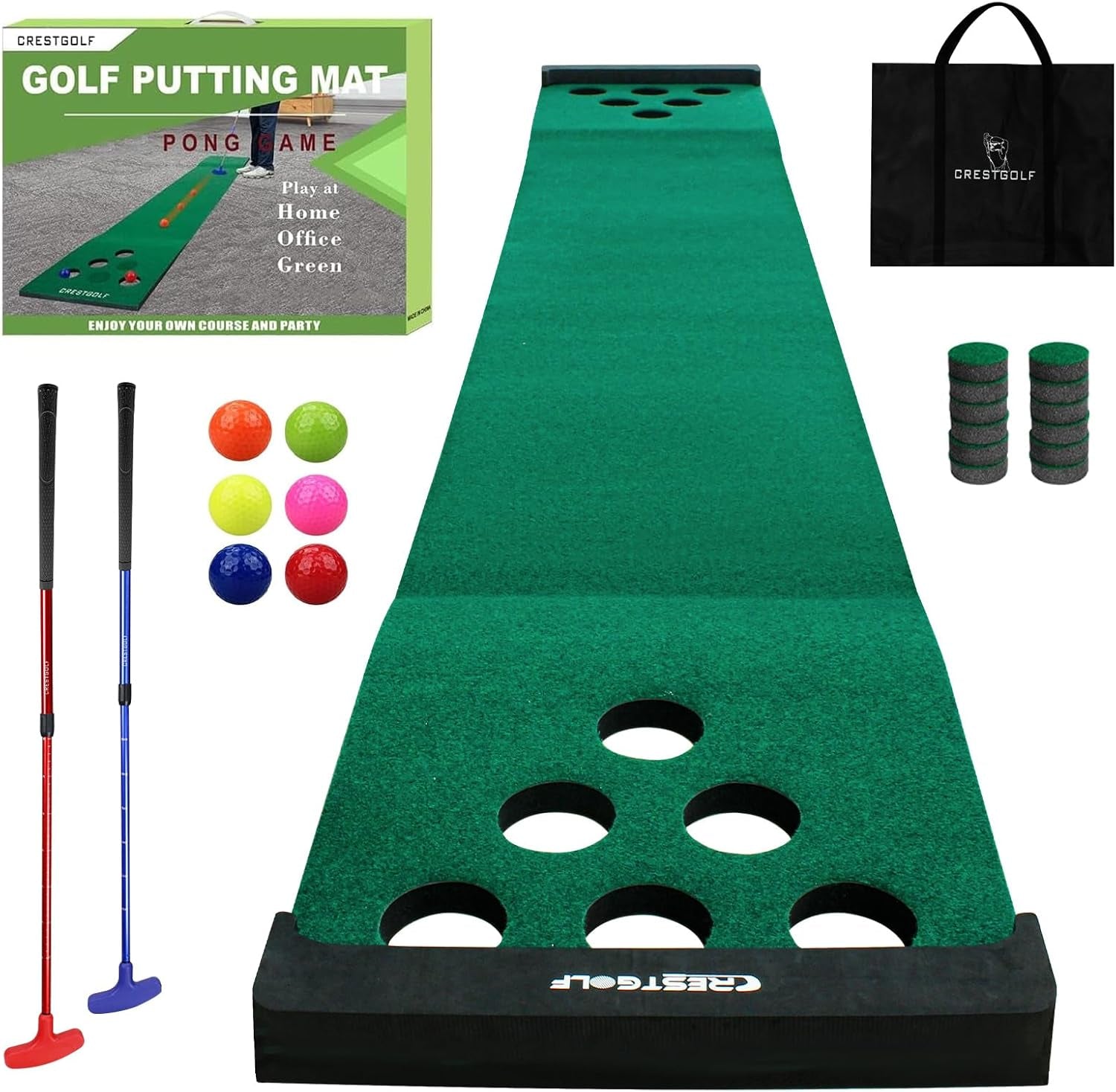 Golf Pong Mat Game Set Green Mat,Golf Putting Mat with 2 Adjustable Golf Putters, 6 Golf Balls,12 Golf Hole Covers for Indoor&Outdoor Short Game Office Party Backyard Use
